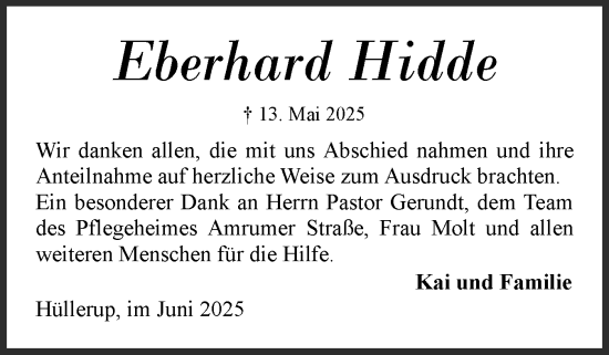 Traueranzeige von Eberhard Hidde von Flensburger Tageblatt
