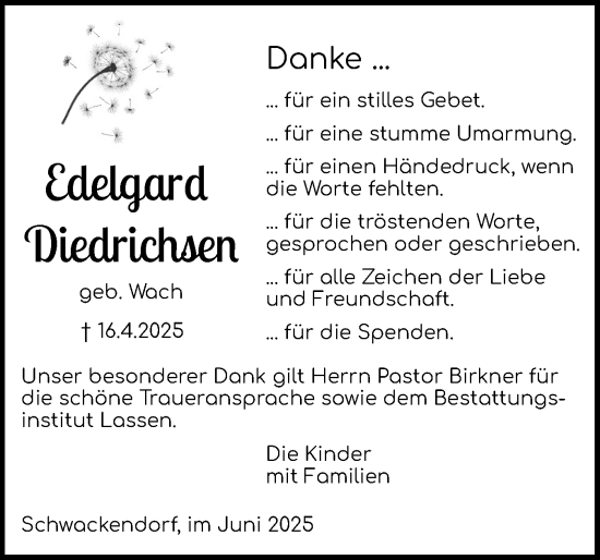 Traueranzeige von Edelgard Diedrichsen von Schleswiger Nachrichten, Schlei-Bote