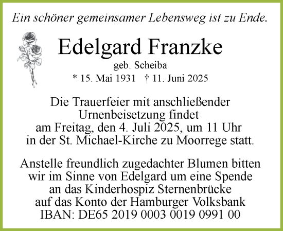 Traueranzeige von Edelgard Franzke von Uetersener Nachrichten, Der tip am Wochenende
