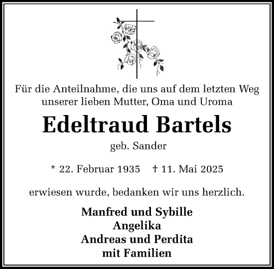 Traueranzeige von Edeltraud Bartels von MARKT Ratzeburg/Mölln