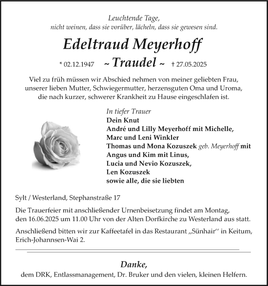 Traueranzeige von Edeltraud Meyerhoff von Sylter Rundschau