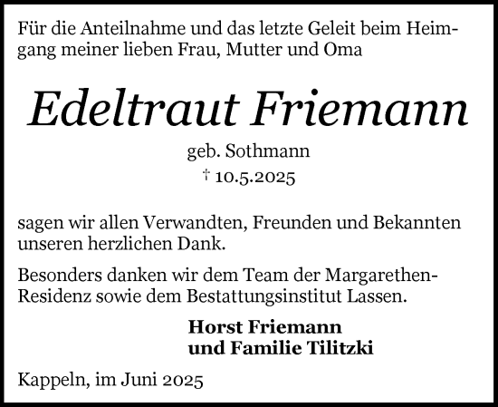 Traueranzeige von Edeltraut Friemann von Schleswiger Nachrichten, Schlei-Bote