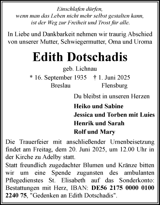 Traueranzeige von Edith Dotschadis von Flensburger Tageblatt