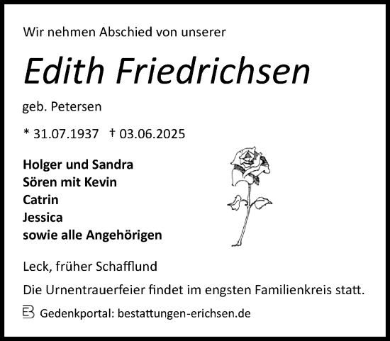 Traueranzeige von Edith Friedrichsen von Region Flensburg