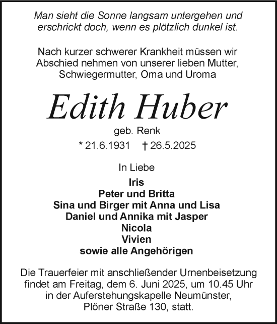 Traueranzeige von Edith Huber von Holsteinischer Courier