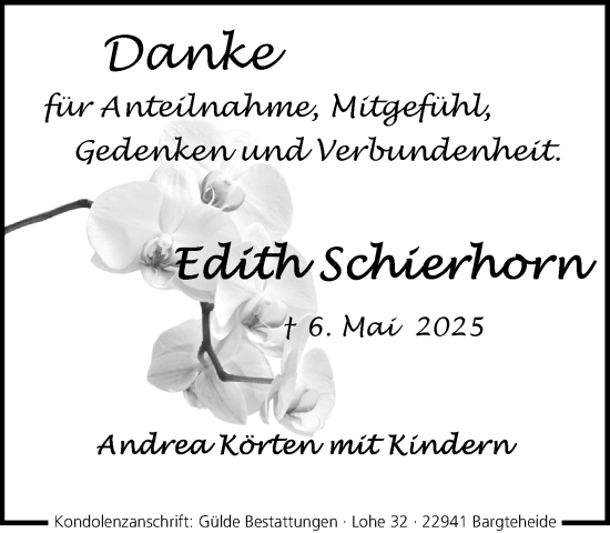 Traueranzeige von Edith Schierhorn von MARKT Ahrensburg/Bargteheide/Trittau und Stormarner Tageblatt
