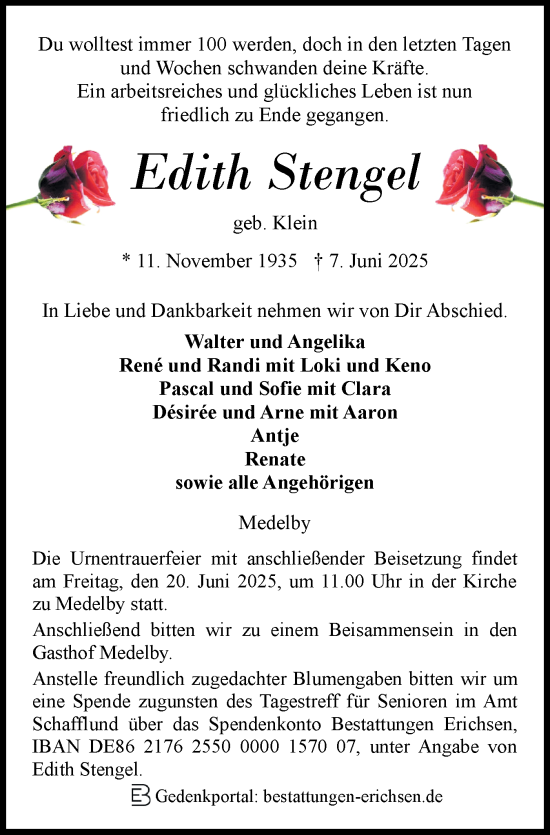 Traueranzeige von Edith Stengel von Region Flensburg