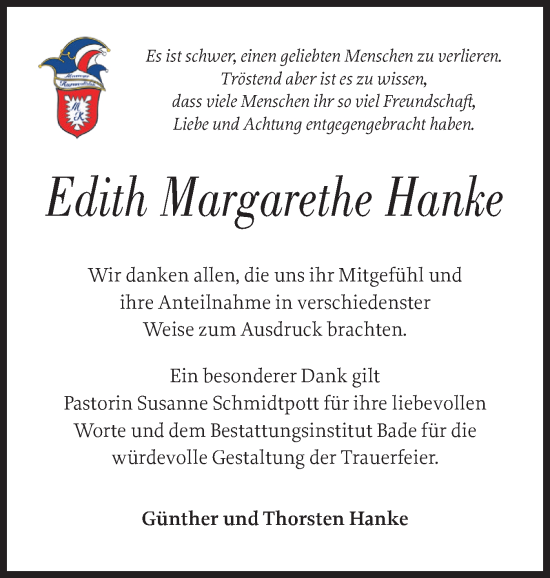 Traueranzeige von Edith Margarethe Hanke von Wedel-Schulauer Tageblatt, tip Wedel-Schulauer Tageblatt, tip Rissener Rundschau