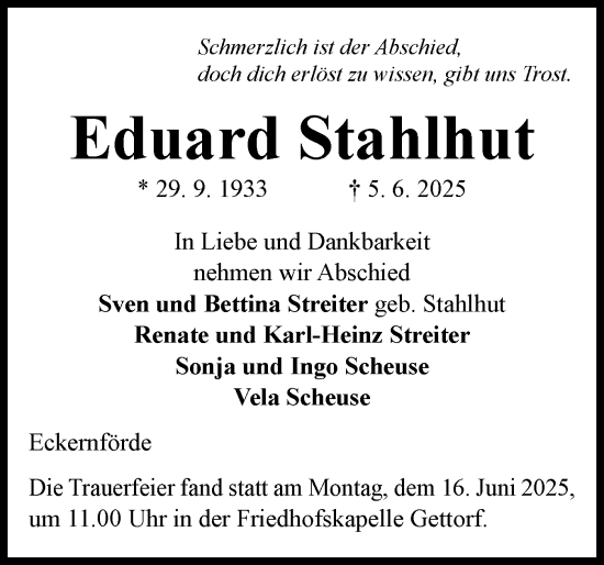 Traueranzeige von Eduard Stahlhut von Hallo Eckernförde