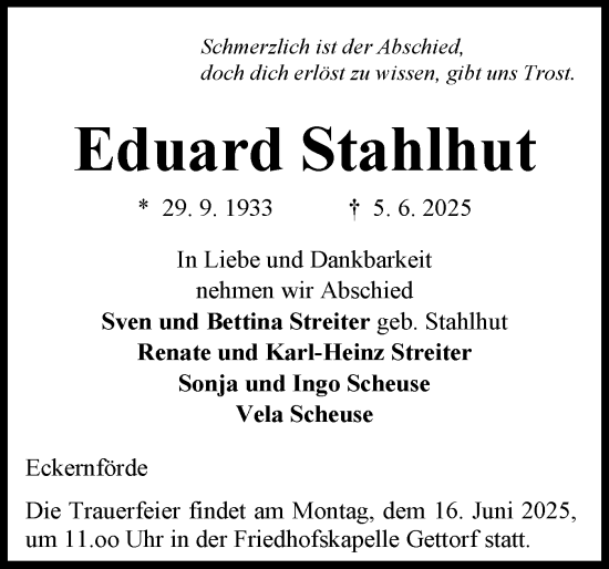Traueranzeige von Eduard Stahlhut von Eckernförder Zeitung