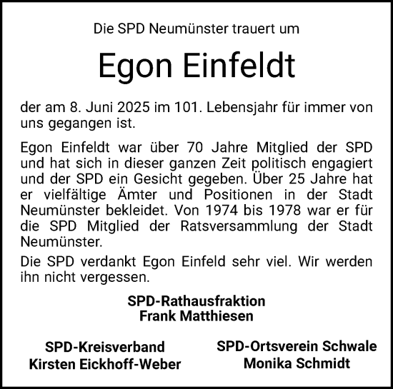Traueranzeige von Egon Einfeldt von Holsteinischer Courier