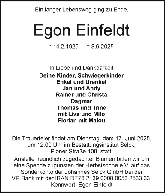 Traueranzeige von Egon Einfeldt von Holsteinischer Courier
