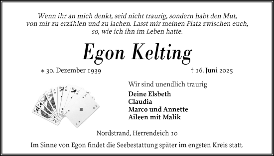 Traueranzeige von Egon Kelting von Husumer Nachrichten, Nordfriesland Tageblatt
