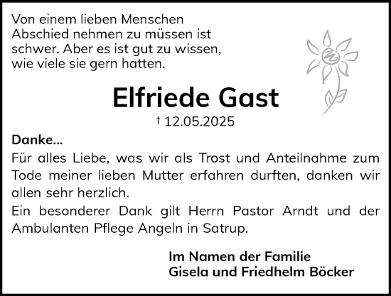 Traueranzeige von Elfriede Gast von Flensburger Tageblatt, Schleswiger Nachrichten, Schlei-Bote