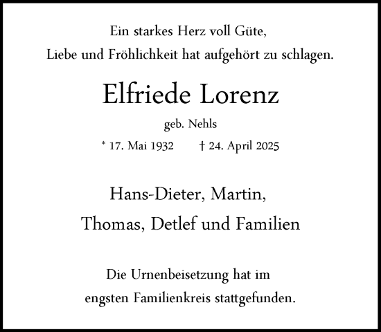 Traueranzeige von Elfriede Lorenz von MARKT Glinde/Reinfeld