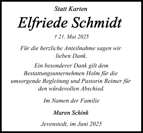 Traueranzeige von Elfriede Schmidt von Schleswig-Holsteinische Landeszeitung