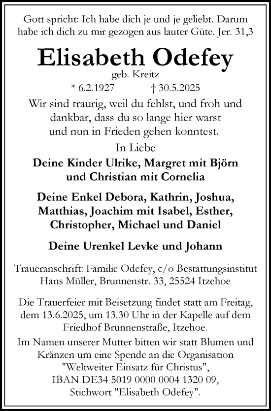 Traueranzeige von Elisabeth Odefey von Norddeutsche Rundschau, Wilstersche Zeitung, Glückstädter Fortuna