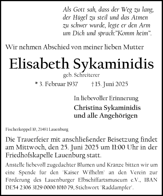Traueranzeige von Elisabeth Sykaminidis von Wochenend Anzeiger