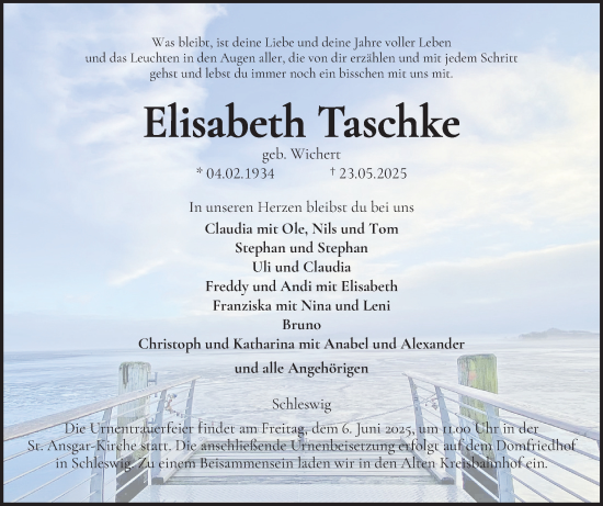 Traueranzeige von Elisabeth Taschke von Schleswiger Nachrichten, Schlei-Bote