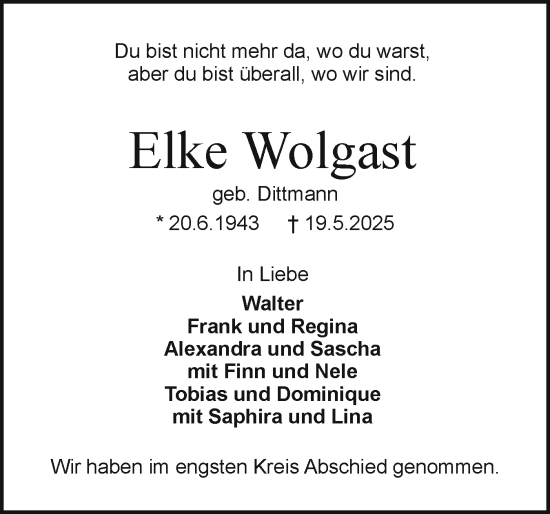 Traueranzeige von Elke Wolgast von Holsteinischer Courier