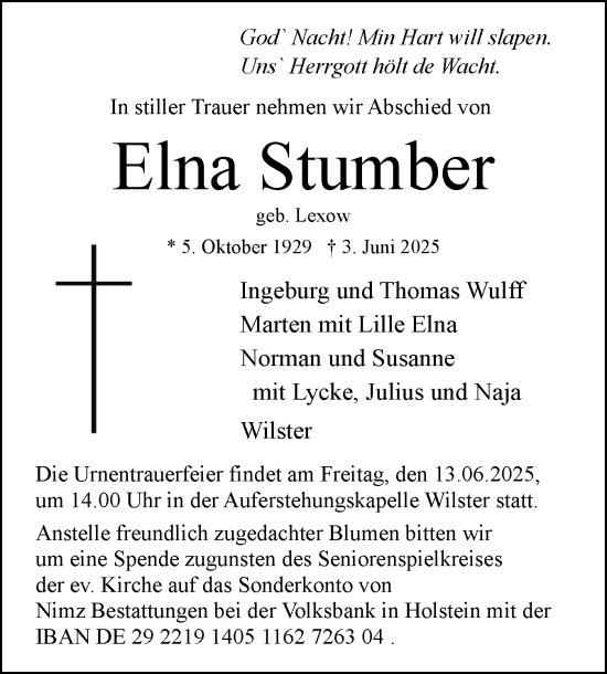 Traueranzeige von Elna Stumber von Norddeutsche Rundschau, Wilstersche Zeitung, Glückstädter Fortuna