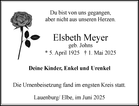 Traueranzeige von Elsbeth Meyer von Wochenend Anzeiger