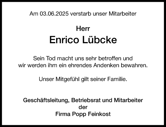 Traueranzeige von Enrico Lübcke von Umschau