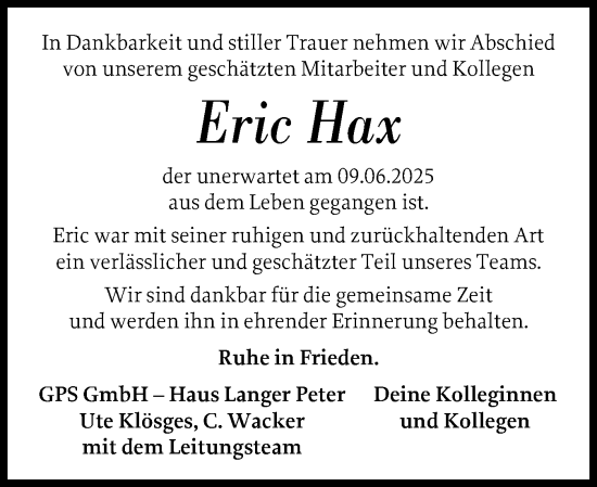 Traueranzeige von Eric Hax von Norddeutsche Rundschau, Wilstersche Zeitung, Glückstädter Fortuna