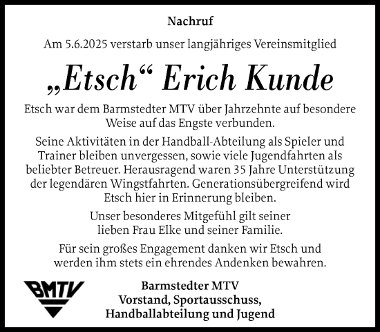 Traueranzeige von Erich Kunde von Elmshorner Nachrichten, Barmstedter Zeitung