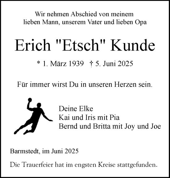 Traueranzeige von Erich Kunde von Elmshorner Nachrichten, Barmstedter Zeitung