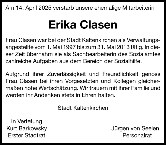 Traueranzeige von Erika Clasen von Umschau