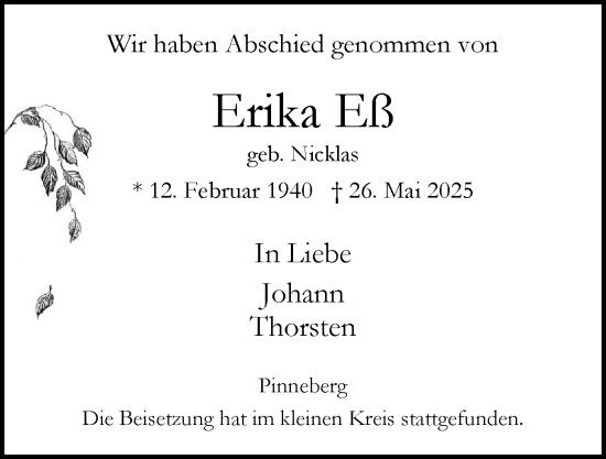 Traueranzeige von Erika Eß von Region Pinneberg und tip Pinneberg