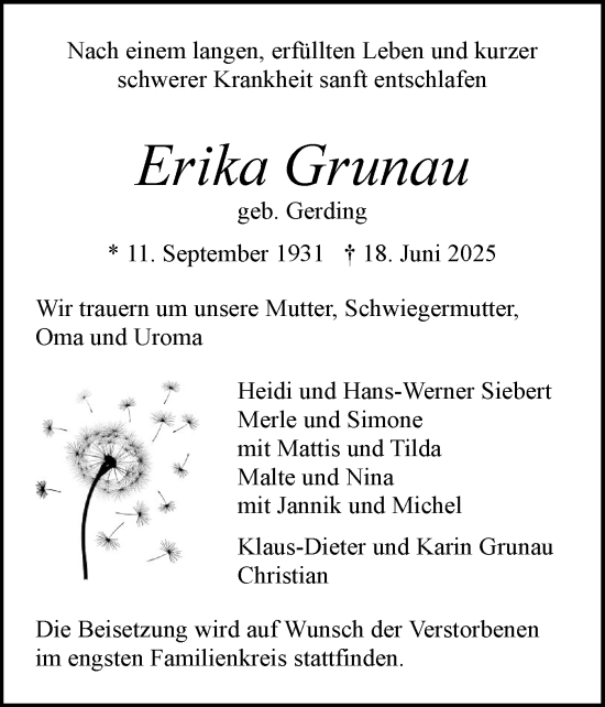 Traueranzeige von Erika Grunau von Elmshorner Nachrichten, Barmstedter Zeitung