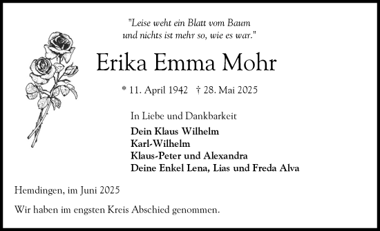 Traueranzeige von Erika Mohr von Elmshorner Nachrichten, Barmstedter Zeitung