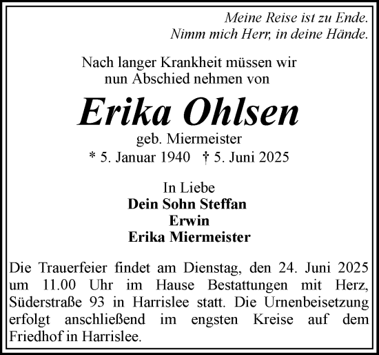 Traueranzeige von Erika Ohlsen von Flensburger Tageblatt