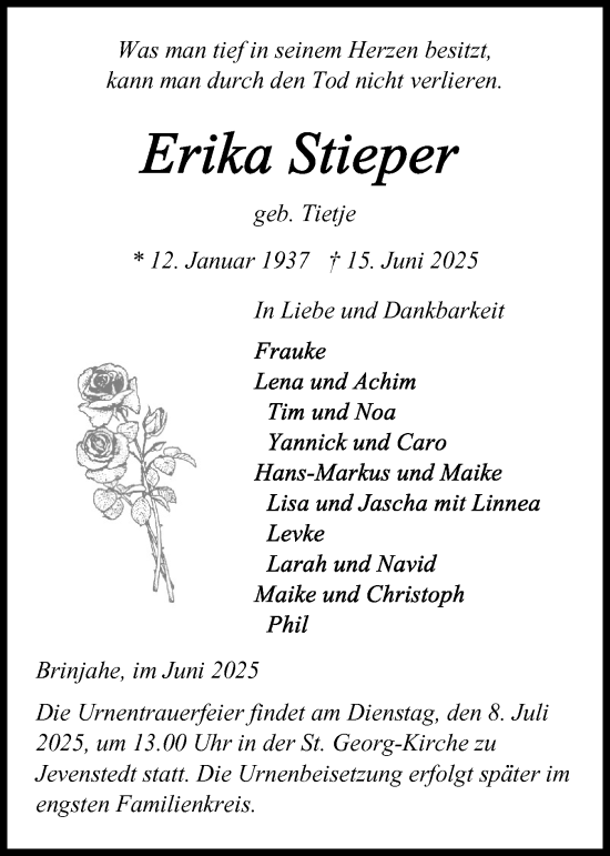 Traueranzeige von Erika Stieper von Schleswig-Holsteinische Landeszeitung