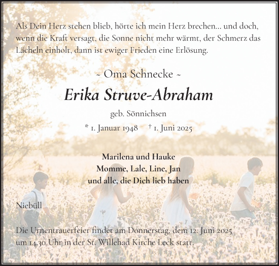 Traueranzeige von Erika Struve-Abraham von Husumer Nachrichten, Nordfriesland Tageblatt