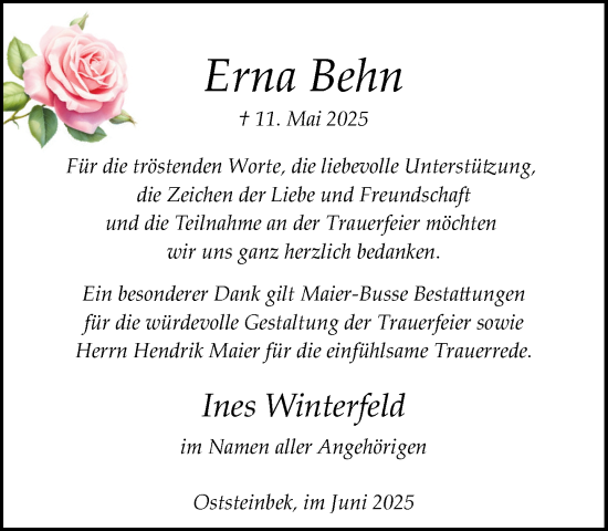 Traueranzeige von Erna Behn von MARKT Glinde/Reinfeld