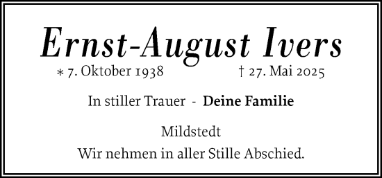 Traueranzeige von Ernst-August Ivers von Husumer Nachrichten, Nordfriesland Tageblatt
