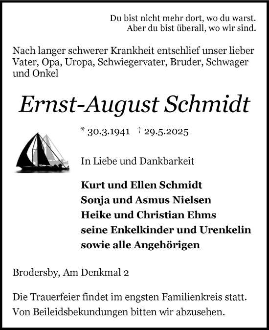 Traueranzeige von Ernst-August Schmidt von Schleswiger Nachrichten, Schlei-Bote