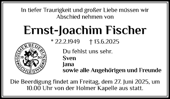 Traueranzeige von Ernst-Joachim Fischer von Schleswiger Nachrichten, Schlei-Bote
