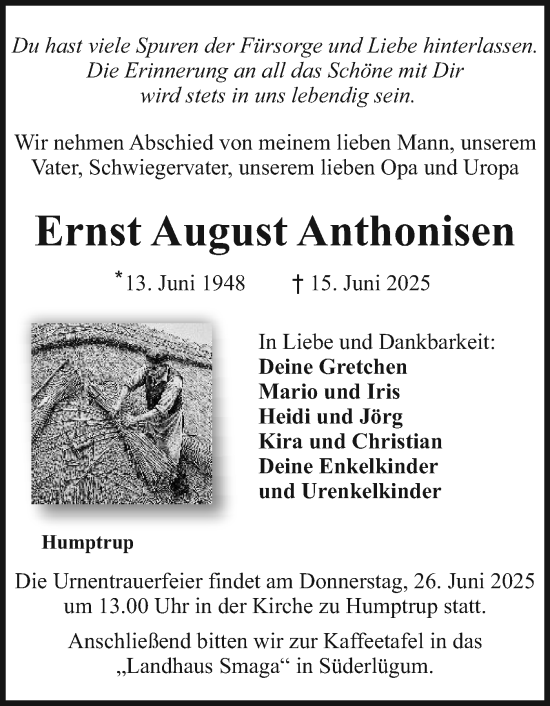 Traueranzeige von Ernst August Anthonisen von Husumer Nachrichten, Nordfriesland Tageblatt