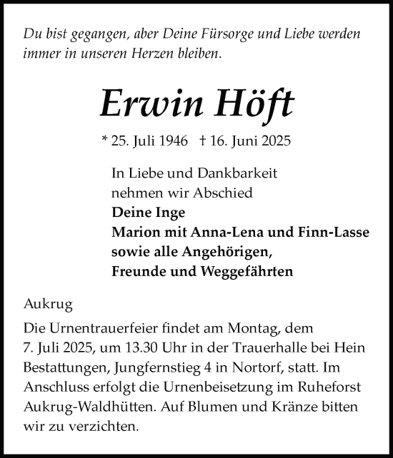 Traueranzeige von Erwin Höft von Schleswig-Holsteinische Landeszeitung