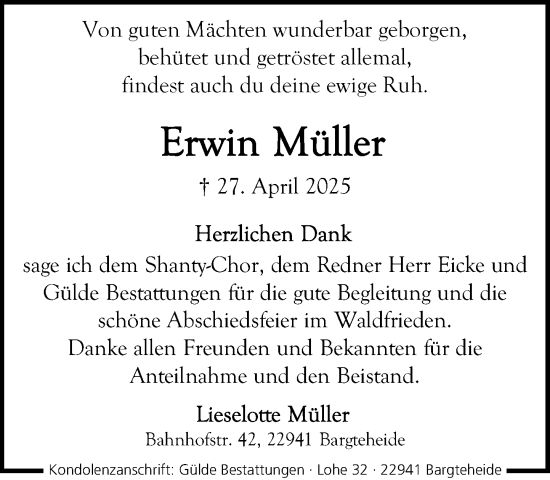 Traueranzeige von Erwin Müller von MARKT Ahrensburg/Bargteheide/Trittau und Stormarner Tageblatt