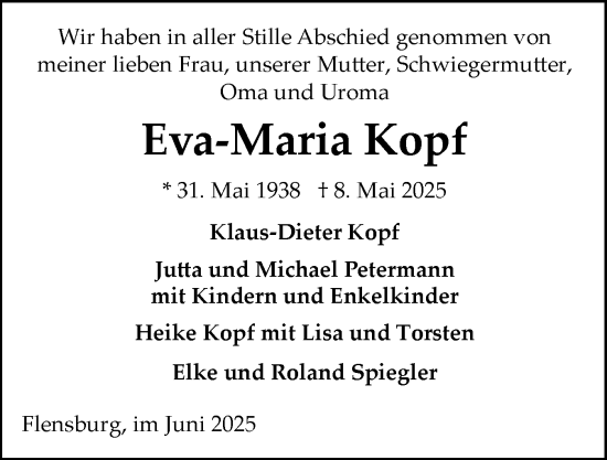 Traueranzeige von Eva-Maria Kopf von Flensburger Tageblatt
