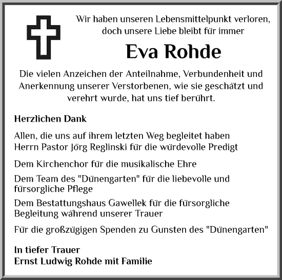 Traueranzeige von Eva Rohde von Husumer Nachrichten, Nordfriesland Tageblatt