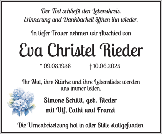 Traueranzeige von Eva Christel Rieder von Norddeutsche Rundschau, Wilstersche Zeitung, Glückstädter Fortuna
