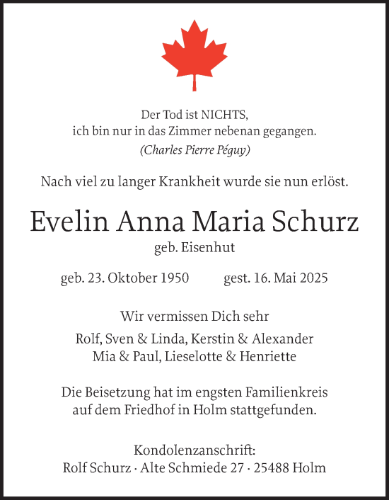 Traueranzeige von Evelin Anna Maria Schurz von Wedel-Schulauer Tageblatt, tip Wedel-Schulauer Tageblatt, tip Rissener Rundschau