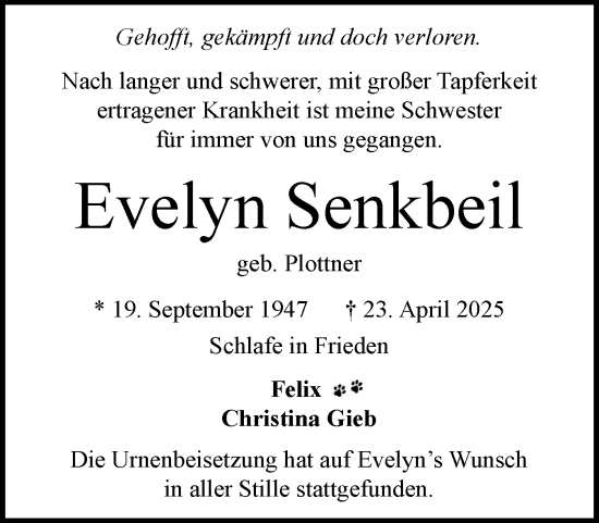 Traueranzeige von Evelyn Senkbeil von Schleswig-Holsteinische Landeszeitung