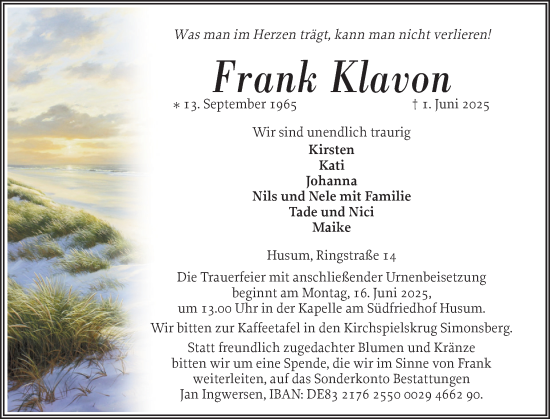 Traueranzeige von Frank Klavon von Husumer Nachrichten, Nordfriesland Tageblatt